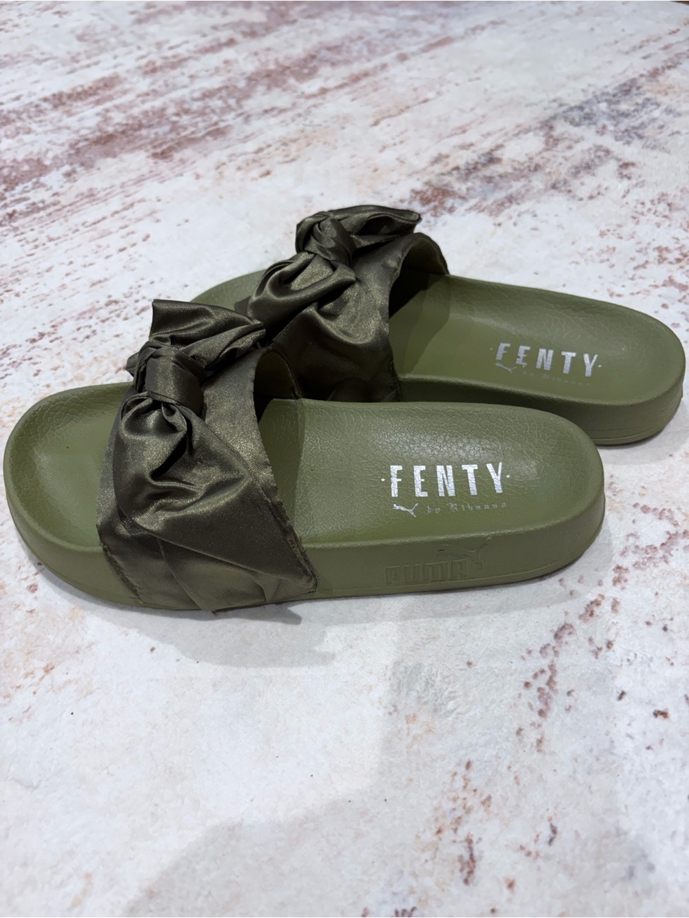 Fenty Puma Olive Green Satin Bow Knot Slide Sandals